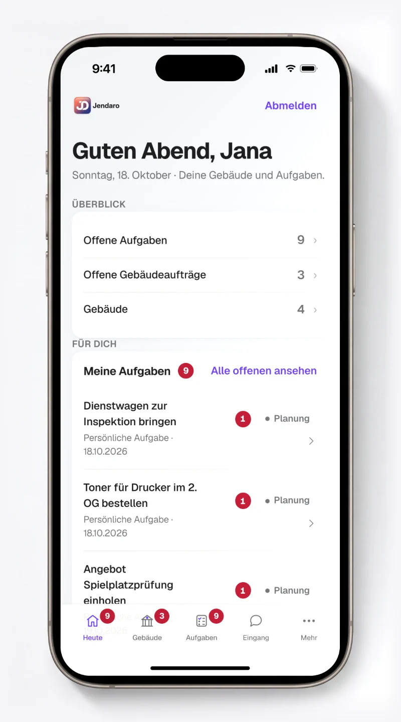 Jendaro auf dem iPhone: die Ansicht „Heute“ mit offenen Aufgaben und Gebäudeaufträgen